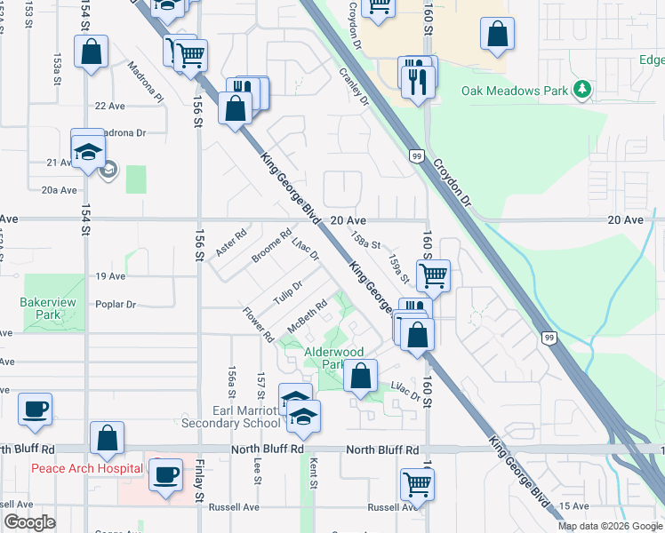 map of restaurants, bars, coffee shops, grocery stores, and more near 1941 King George Boulevard in Surrey