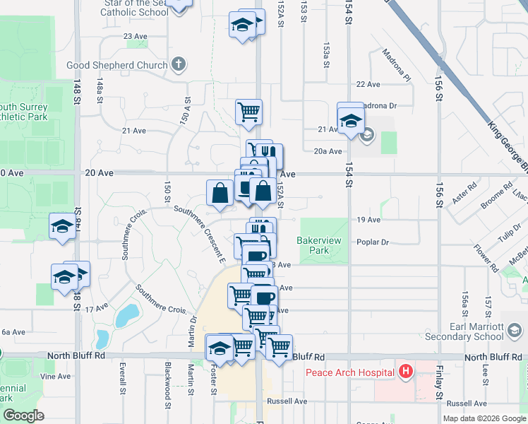 map of restaurants, bars, coffee shops, grocery stores, and more near 1920 152 Street in Surrey