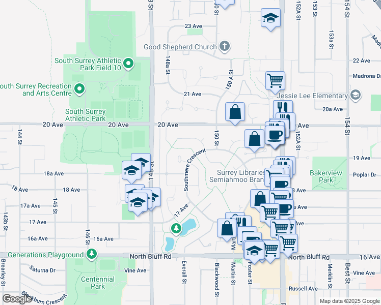 map of restaurants, bars, coffee shops, grocery stores, and more near 1925 Southmere Crescent in Surrey