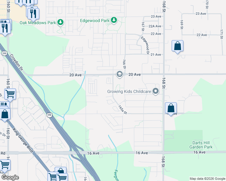 map of restaurants, bars, coffee shops, grocery stores, and more near 165A Street in Surrey