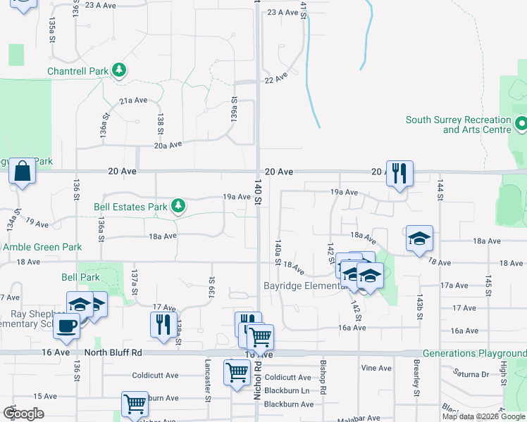 map of restaurants, bars, coffee shops, grocery stores, and more near 1930 140 Street in Surrey