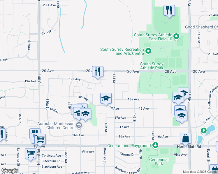map of restaurants, bars, coffee shops, grocery stores, and more near 14386 19 Avenue in Surrey