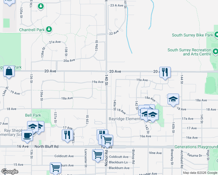 map of restaurants, bars, coffee shops, grocery stores, and more near 1930 140 Street in Surrey