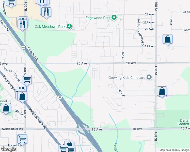 map of restaurants, bars, coffee shops, grocery stores, and more near 16433 19 Avenue in Surrey