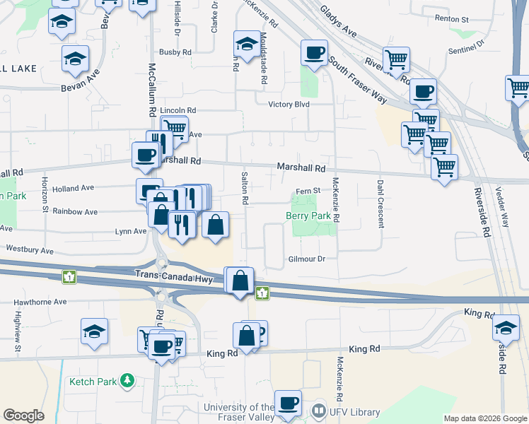 map of restaurants, bars, coffee shops, grocery stores, and more near 33850 Fern Street in Abbotsford