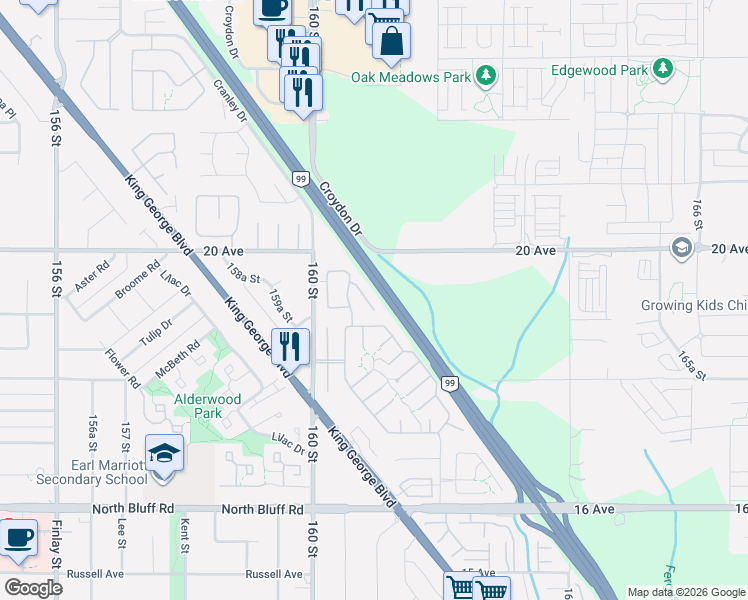 map of restaurants, bars, coffee shops, grocery stores, and more near 1840 160 Street in Surrey
