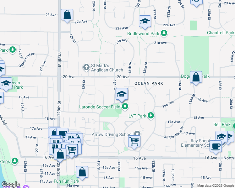map of restaurants, bars, coffee shops, grocery stores, and more near 1906 131 Street in Surrey