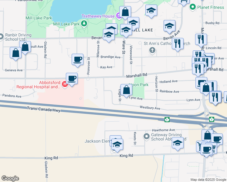 map of restaurants, bars, coffee shops, grocery stores, and more near 1930 Westbury Avenue in Abbotsford