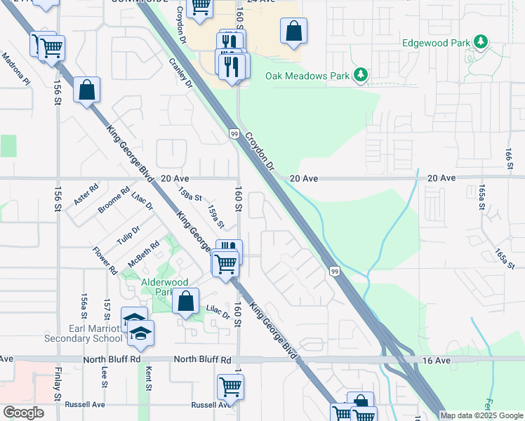 map of restaurants, bars, coffee shops, grocery stores, and more near North Drive in Surrey
