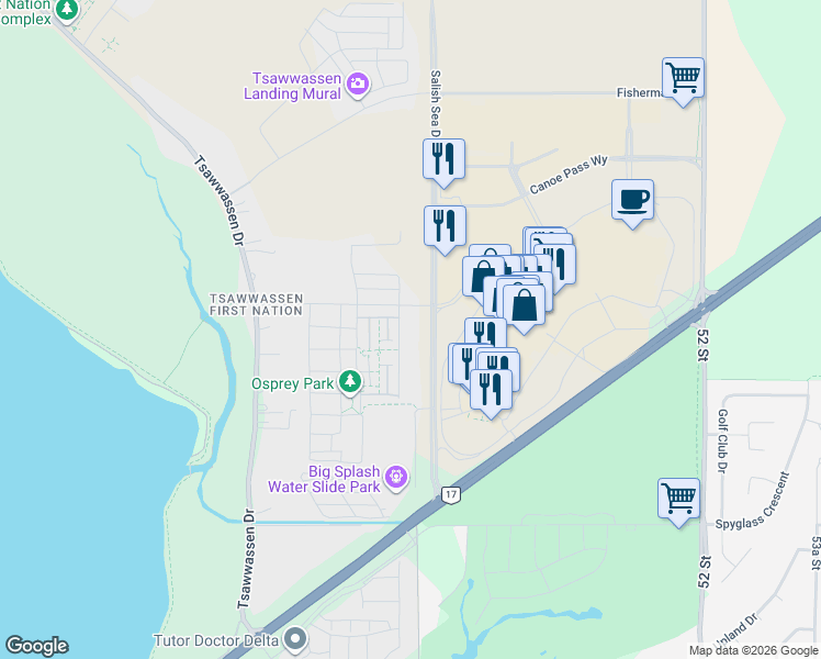 map of restaurants, bars, coffee shops, grocery stores, and more near 1892 Starling Drive in Delta