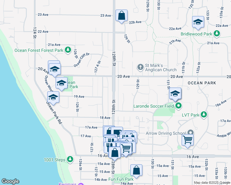 map of restaurants, bars, coffee shops, grocery stores, and more near 1920 128 Street in Surrey