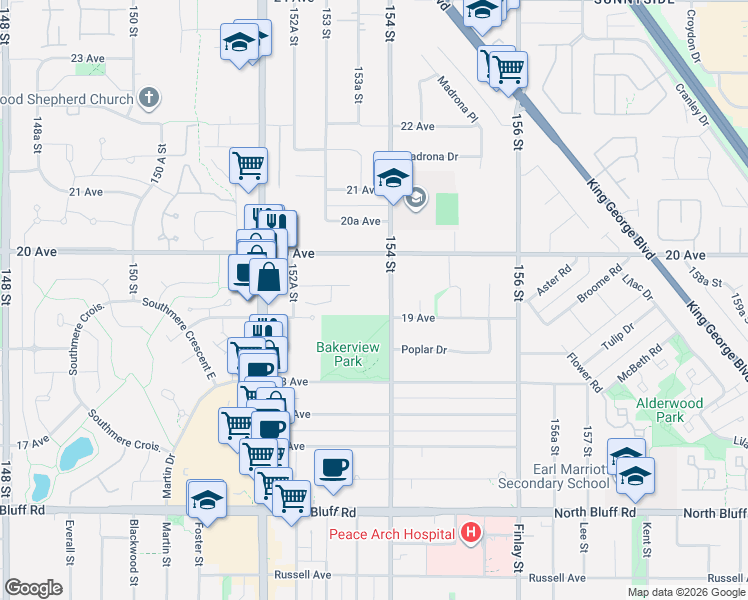 map of restaurants, bars, coffee shops, grocery stores, and more near 1929 154 Street in Surrey