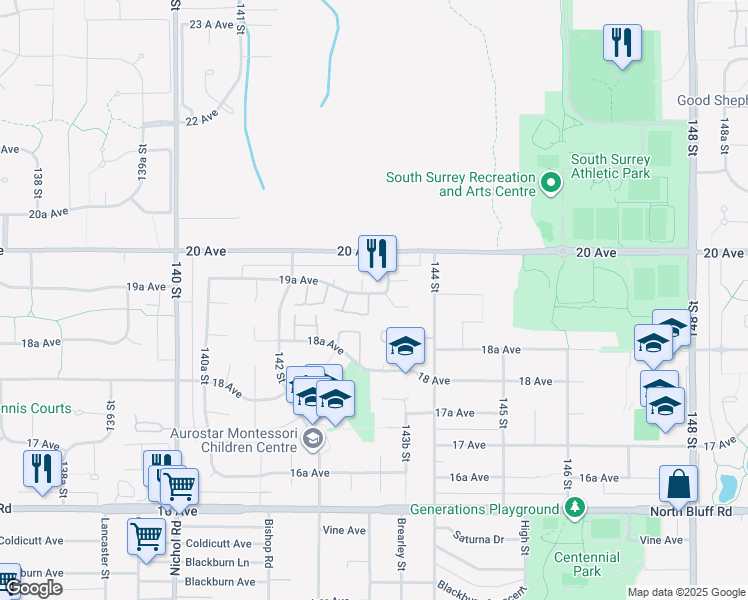 map of restaurants, bars, coffee shops, grocery stores, and more near 14316 19A Avenue in Surrey