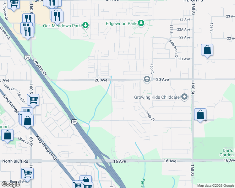 map of restaurants, bars, coffee shops, grocery stores, and more near 16433 19 Avenue in Surrey