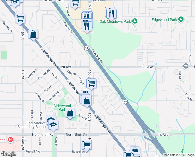 map of restaurants, bars, coffee shops, grocery stores, and more near 1840 160 Street in Surrey