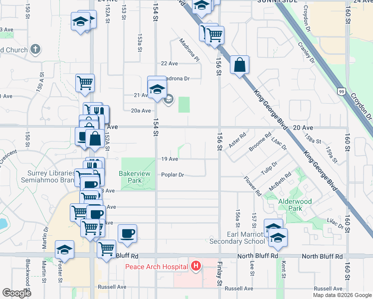 map of restaurants, bars, coffee shops, grocery stores, and more near 1921 155 Street in Surrey