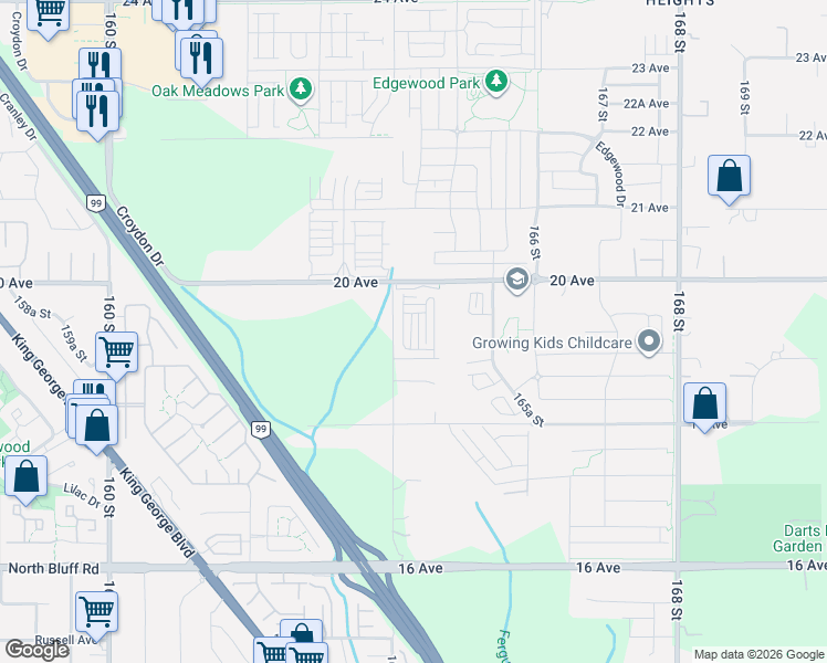 map of restaurants, bars, coffee shops, grocery stores, and more near in Surrey