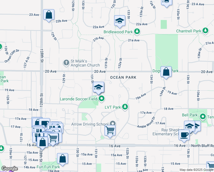 map of restaurants, bars, coffee shops, grocery stores, and more near 1912 Laronde Drive in Surrey