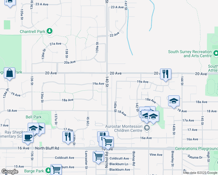 map of restaurants, bars, coffee shops, grocery stores, and more near 1938 140 Street in Surrey