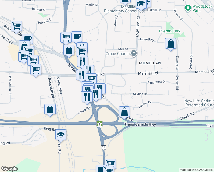 map of restaurants, bars, coffee shops, grocery stores, and more near 34660 Walker Crescent in Abbotsford