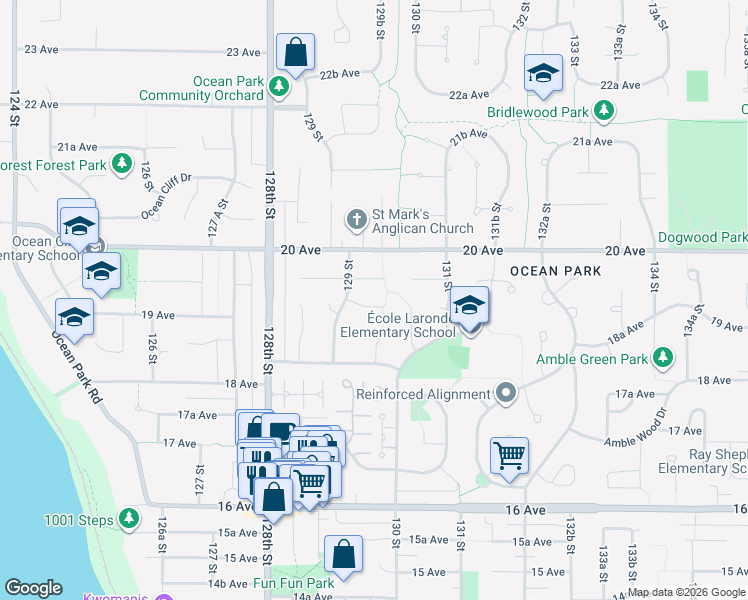 map of restaurants, bars, coffee shops, grocery stores, and more near 12945 19 Avenue in Surrey