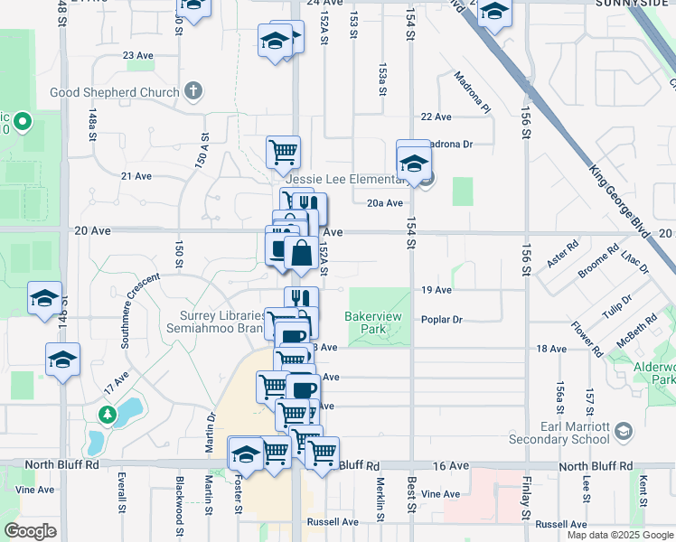 map of restaurants, bars, coffee shops, grocery stores, and more near 101-15282 19 Avenue in Surrey