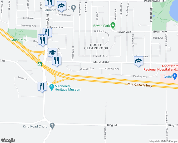 map of restaurants, bars, coffee shops, grocery stores, and more near 1940 Cordova Court in Abbotsford