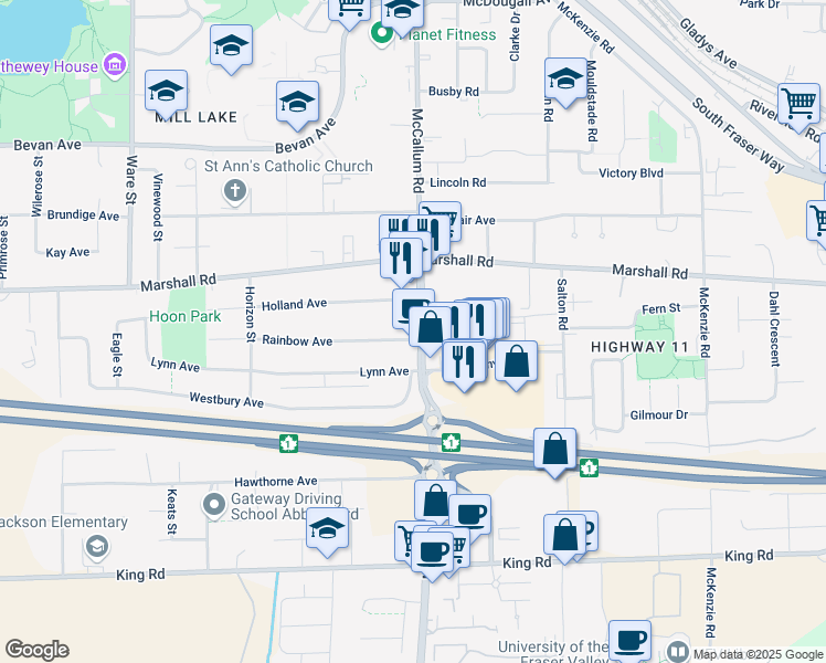 map of restaurants, bars, coffee shops, grocery stores, and more near in Abbotsford