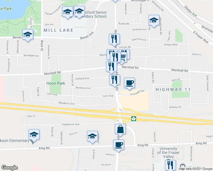 map of restaurants, bars, coffee shops, grocery stores, and more near in Abbotsford