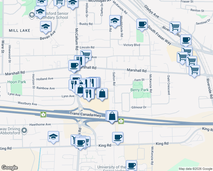 map of restaurants, bars, coffee shops, grocery stores, and more near in Abbotsford