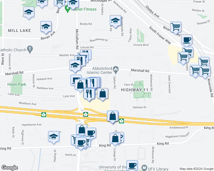 map of restaurants, bars, coffee shops, grocery stores, and more near in Abbotsford