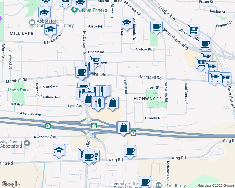 map of restaurants, bars, coffee shops, grocery stores, and more near 1909 Salton Road in Abbotsford