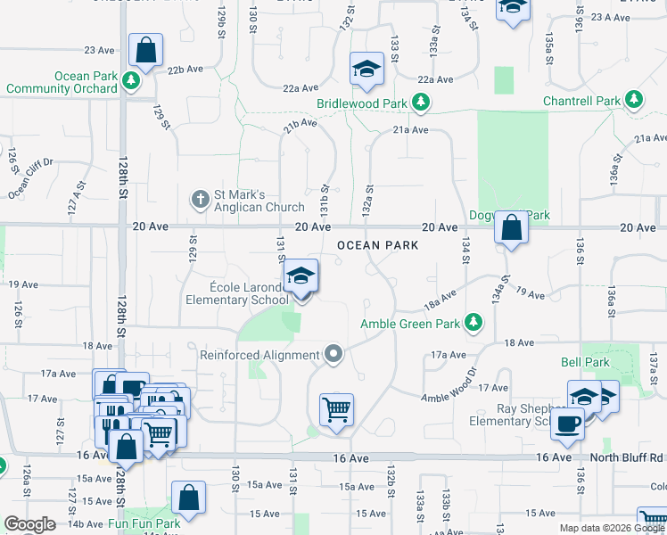 map of restaurants, bars, coffee shops, grocery stores, and more near 13180 19A Avenue in Surrey