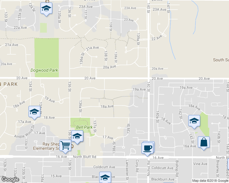 map of restaurants, bars, coffee shops, grocery stores, and more near 13856 19A Avenue in Surrey
