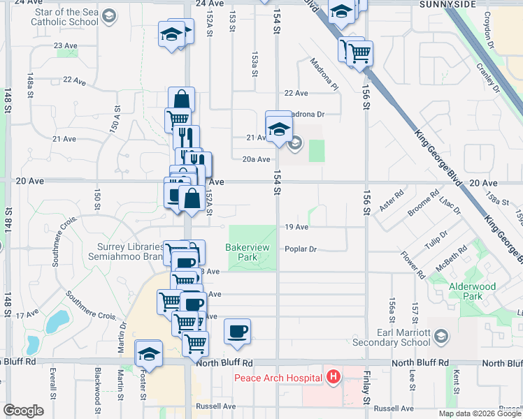 map of restaurants, bars, coffee shops, grocery stores, and more near 15340 19A Avenue in Surrey