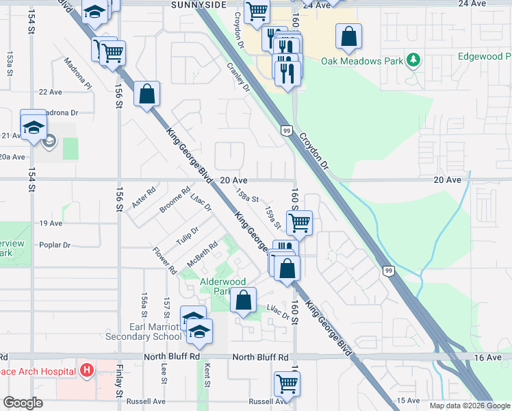 map of restaurants, bars, coffee shops, grocery stores, and more near 1953 158A Street in Surrey
