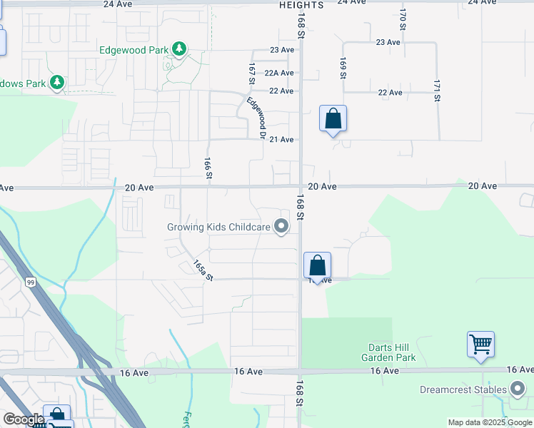 map of restaurants, bars, coffee shops, grocery stores, and more near 1942 167 Street in Surrey