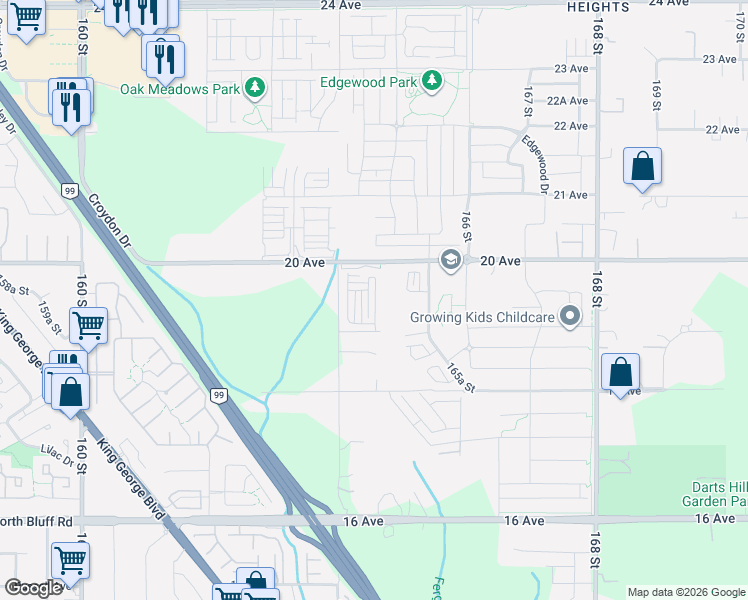 map of restaurants, bars, coffee shops, grocery stores, and more near 16433 19 Avenue in Surrey