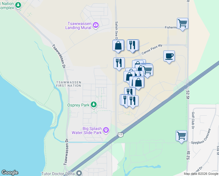 map of restaurants, bars, coffee shops, grocery stores, and more near 1892 Starling Drive in Delta