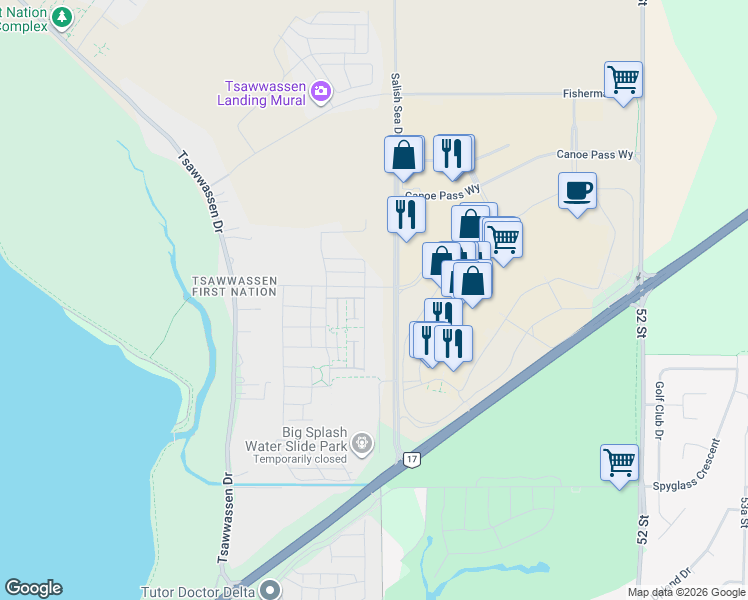 map of restaurants, bars, coffee shops, grocery stores, and more near 1892 Starling Drive in Delta