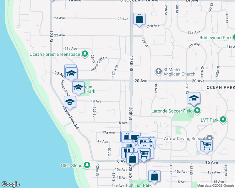 map of restaurants, bars, coffee shops, grocery stores, and more near 1941 127A Street in Surrey