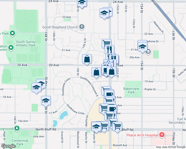 map of restaurants, bars, coffee shops, grocery stores, and more near 15112 20 Avenue in Surrey