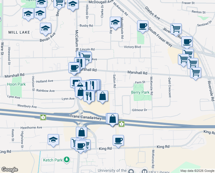 map of restaurants, bars, coffee shops, grocery stores, and more near 1909 Salton Road in Abbotsford