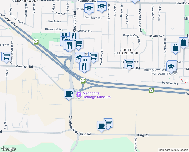 map of restaurants, bars, coffee shops, grocery stores, and more near 1960 Catalina Crescent in Abbotsford