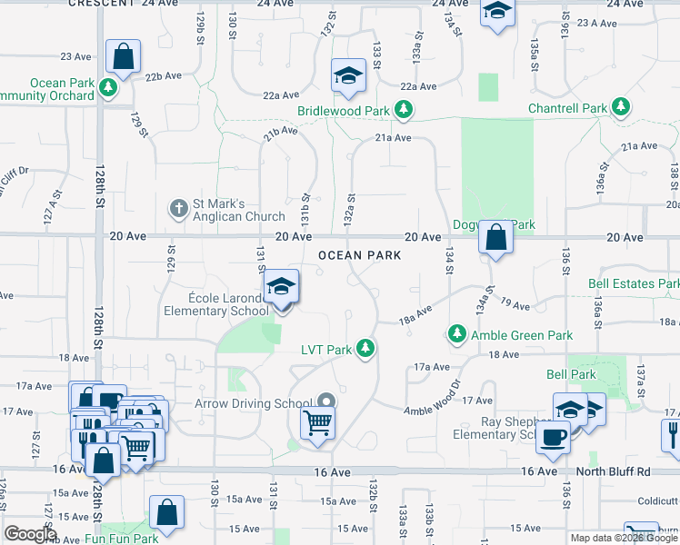 map of restaurants, bars, coffee shops, grocery stores, and more near 1959 Amble Greene Drive in Surrey