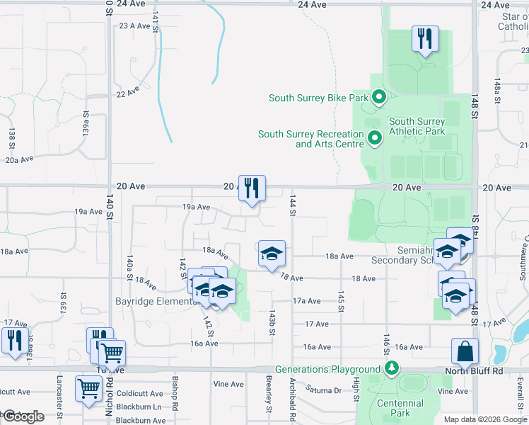 map of restaurants, bars, coffee shops, grocery stores, and more near 1946 143A Street in Surrey