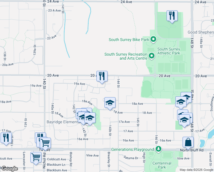 map of restaurants, bars, coffee shops, grocery stores, and more near 1946 143A Street in Surrey