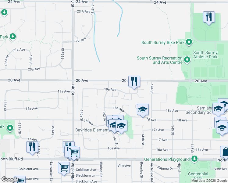 map of restaurants, bars, coffee shops, grocery stores, and more near 14220 19A Avenue in Surrey