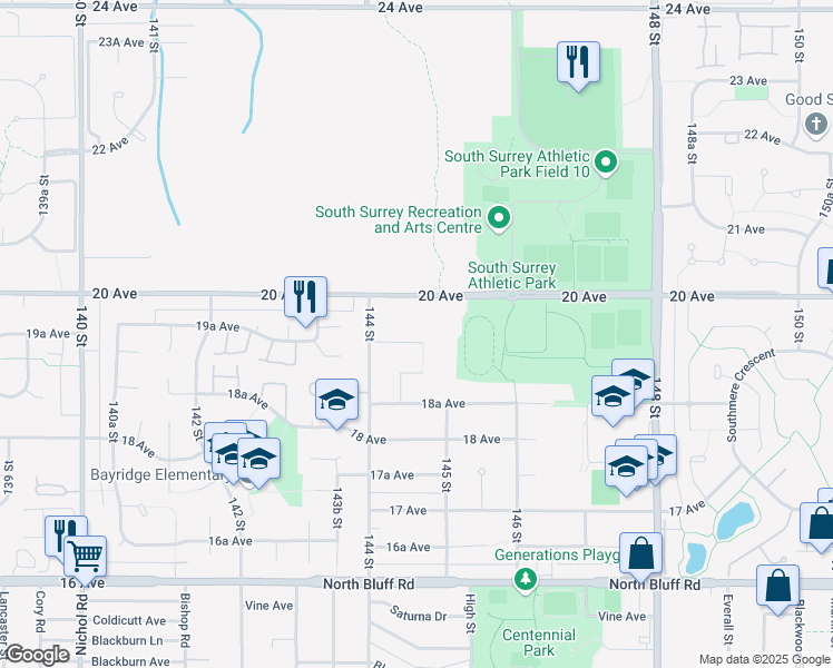 map of restaurants, bars, coffee shops, grocery stores, and more near 16731 19A Avenue in Surrey