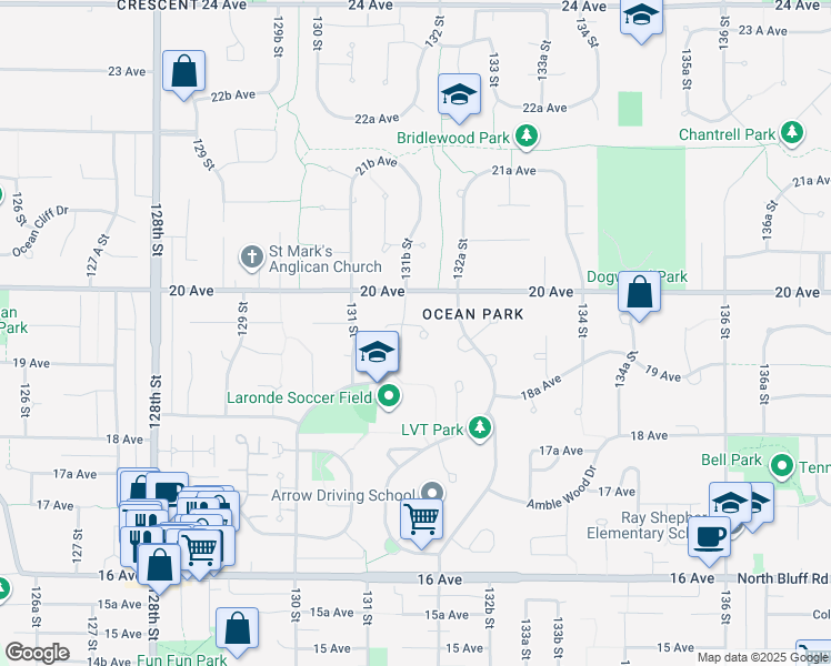 map of restaurants, bars, coffee shops, grocery stores, and more near 13168 19A Avenue in Surrey